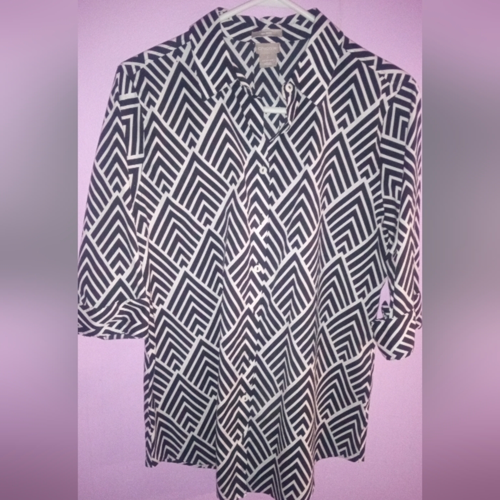 Chicos Size 1 (Medium) Jacket 3/4 Sleeve Pockets Brown White Button AAA-21